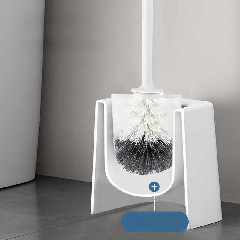 Toaletės šepetėlis su minkštomis šerelėmis, apvali galva, sieninis laikiklis su apsauga nuo purslų, ilgą kotą, su pagrindu, iš plastiko