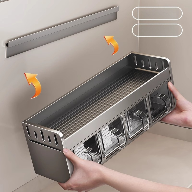 Prieskonių lentyna, aliuminis, sieninis tvirtinimas, be gręžimo, daugiafunkcinis virtuvės organizatorius