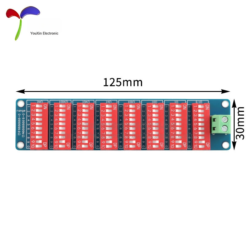 Programuojamas rezistorių plokštelės modulis, diapazonas 0,1 Ω–9 999 999 Ω, aštuonių segmentų tipas, tikslumas 1%