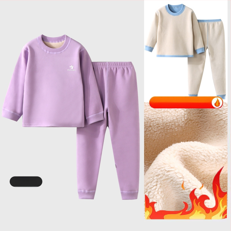 Laste termilise aluspesu komplekt - Ao-grain sametise vooderdu, paks, sügisel-talvise pidžaamad 3–8-aastastele, ümmargune kaelus