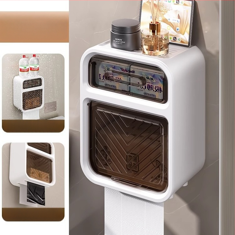 Pastatoma sienos plastikinė tualeto popieriaus dėžutė ir popierinių rankšluosčių laikiklis, be gręžimo, atsparus vandeniui, modernus minimalistinis stilius