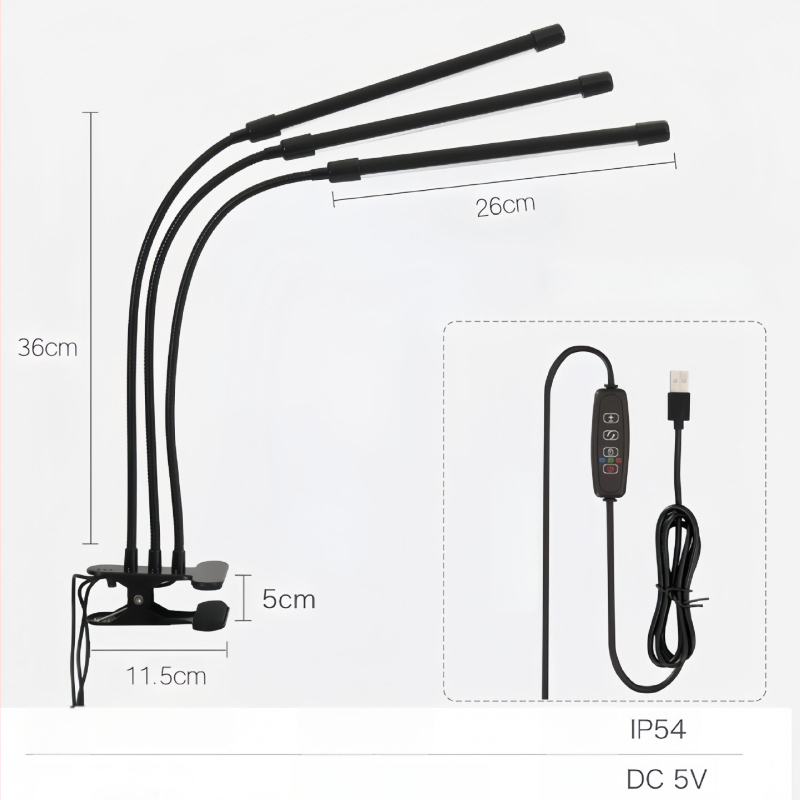 LED augimo lemputė su klipu, pilnas spektras, 5V įvestis, IP45, ABS korpusas