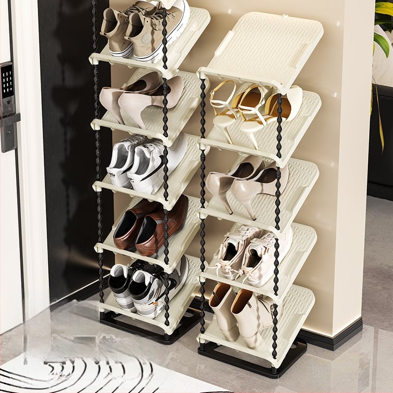 Nulenktas batų laikiklis, 6 sluoksniai, PP medžiaga, modernus minimalistinis stilius, grindų tvirtinimas, tinkamas sportbačiams, batams ir aukštakulniams