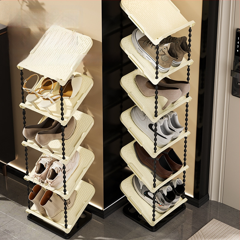 Nulenktas batų laikiklis, 6 sluoksniai, PP medžiaga, modernus minimalistinis stilius, grindų tvirtinimas, tinkamas sportbačiams, batams ir aukštakulniams