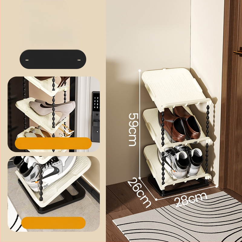 Nulenktas batų laikiklis, 6 sluoksniai, PP medžiaga, modernus minimalistinis stilius, grindų tvirtinimas, tinkamas sportbačiams, batams ir aukštakulniams