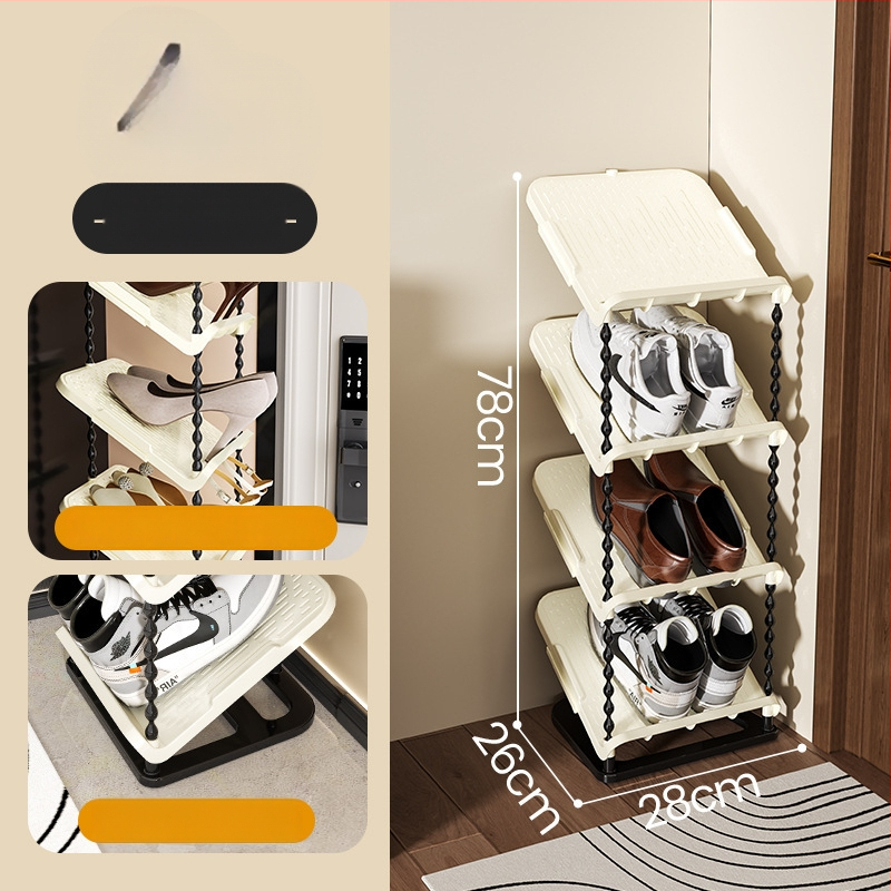 Nulenktas batų laikiklis, 6 sluoksniai, PP medžiaga, modernus minimalistinis stilius, grindų tvirtinimas, tinkamas sportbačiams, batams ir aukštakulniams