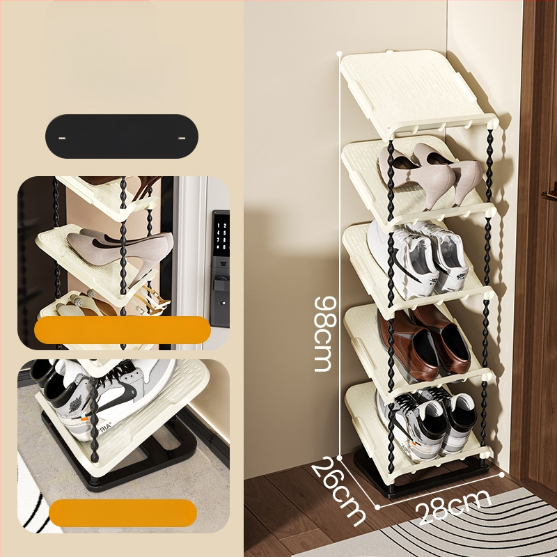 Nulenktas batų laikiklis, 6 sluoksniai, PP medžiaga, modernus minimalistinis stilius, grindų tvirtinimas, tinkamas sportbačiams, batams ir aukštakulniams