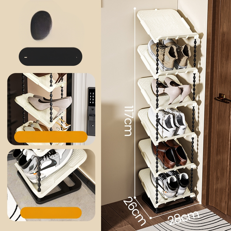 Nulenktas batų laikiklis, 6 sluoksniai, PP medžiaga, modernus minimalistinis stilius, grindų tvirtinimas, tinkamas sportbačiams, batams ir aukštakulniams