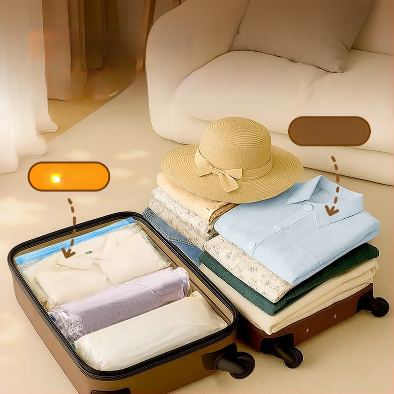 Ceļojumu vakuuma kompresijas soma drēbēm ar roku vēršanas mehānismu un pumpu, PET+PE materiāls, 180 gab., kastē, 2022. gada iesniegšana