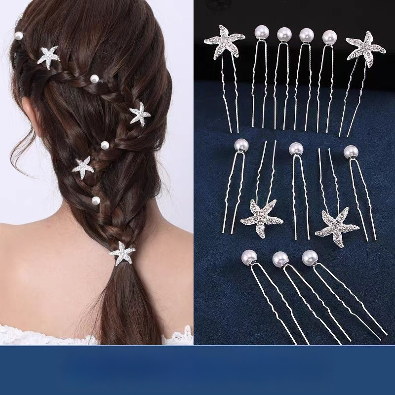 U formas matu sprādze ar pērļām un kristāliem, jūras zvaigzne, metāla elektroplakāta pārklājums