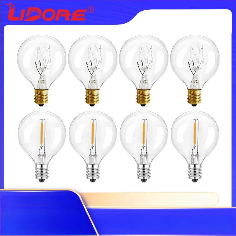 G40 Kalėdinis lauko šviesų gijas – stiklo gaubtas, kištukinis maitinimas, modelis G40-01, 110–240V, 7W volframo lempos arba 0.6W LED lempos