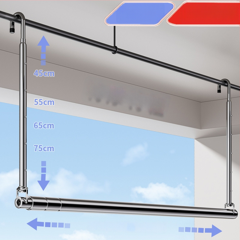 Pochile Balkono teleskopinė skalbinių džiovykla iš nerūdijančio plieno, be gręžimo, sulankstoma, skirta antklodėms ir paklodėms