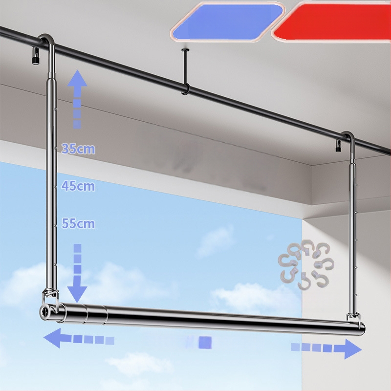 Pochile Balkono teleskopinė skalbinių džiovykla iš nerūdijančio plieno, be gręžimo, sulankstoma, skirta antklodėms ir paklodėms