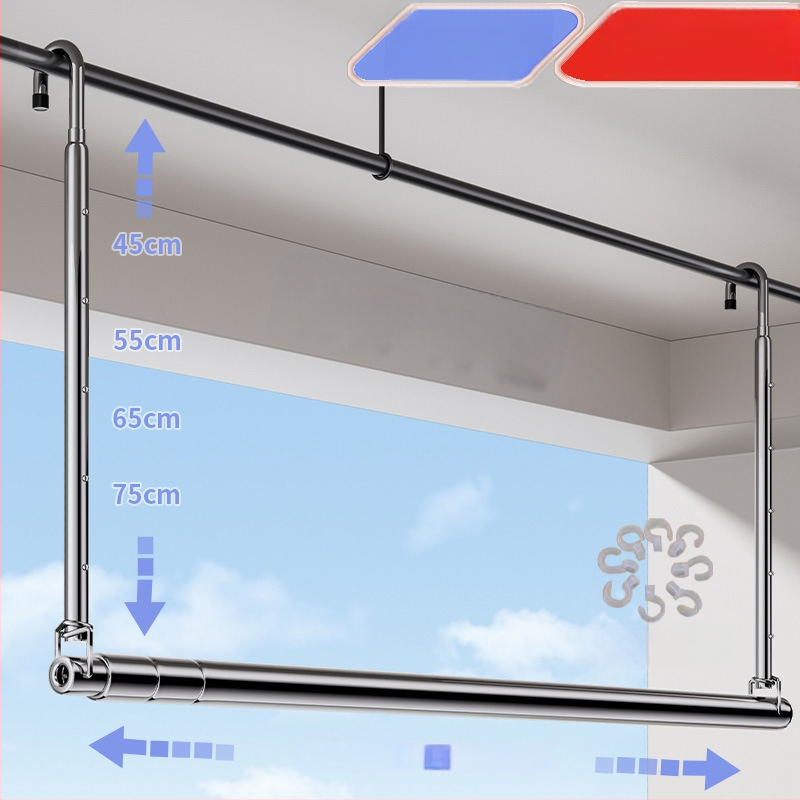 Pochile Balkono teleskopinė skalbinių džiovykla iš nerūdijančio plieno, be gręžimo, sulankstoma, skirta antklodėms ir paklodėms