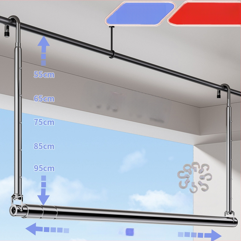 Pochile Balkono teleskopinė skalbinių džiovykla iš nerūdijančio plieno, be gręžimo, sulankstoma, skirta antklodėms ir paklodėms