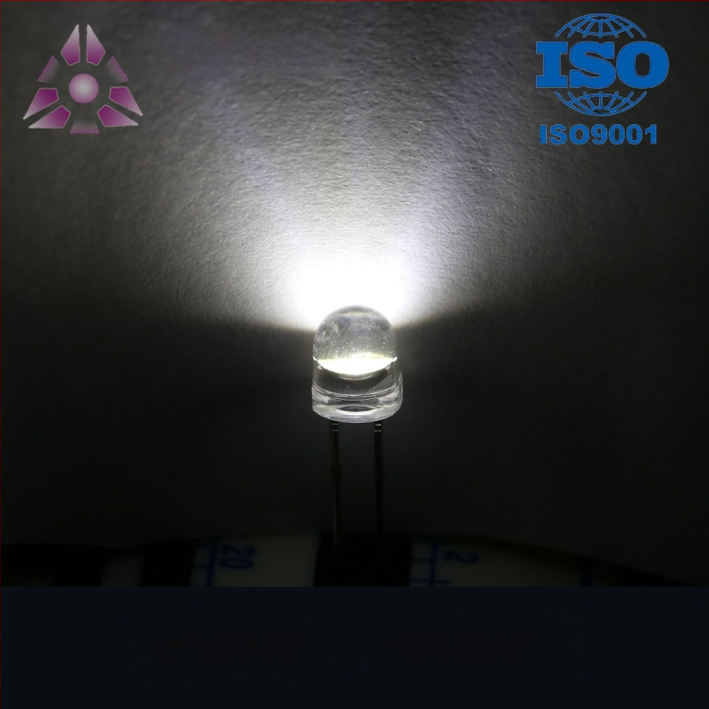 LED karoliukai 5 mm, modelis F5, tiesioginė montavimas, 2,8–3,2 V, 20 mA, 0,2 W, 60° spindulys, šviesos srautas 7–8 lm