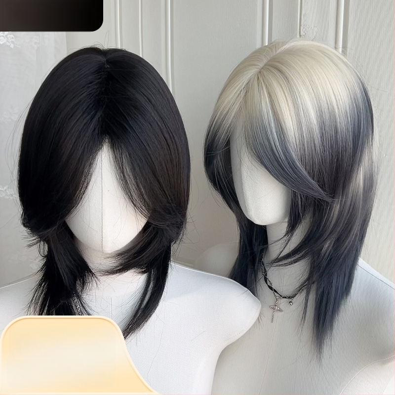 Parūka ar mullet stilu ar vilka asti, universāla, pilna galvas pārklājums, termiski izturīgas sintētiskās šķiedras, gari bangs