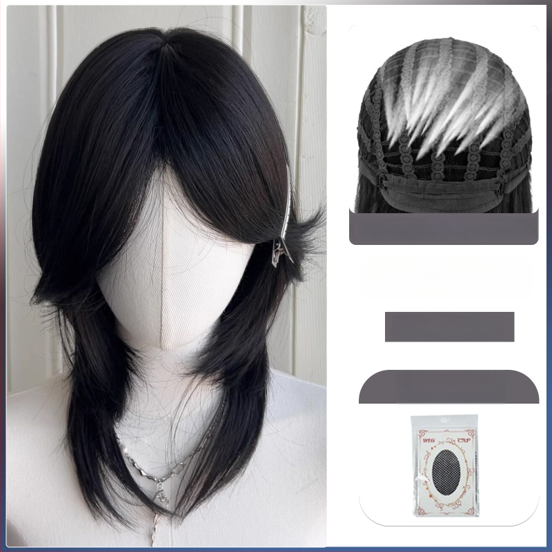 Parūka ar mullet stilu ar vilka asti, universāla, pilna galvas pārklājums, termiski izturīgas sintētiskās šķiedras, gari bangs