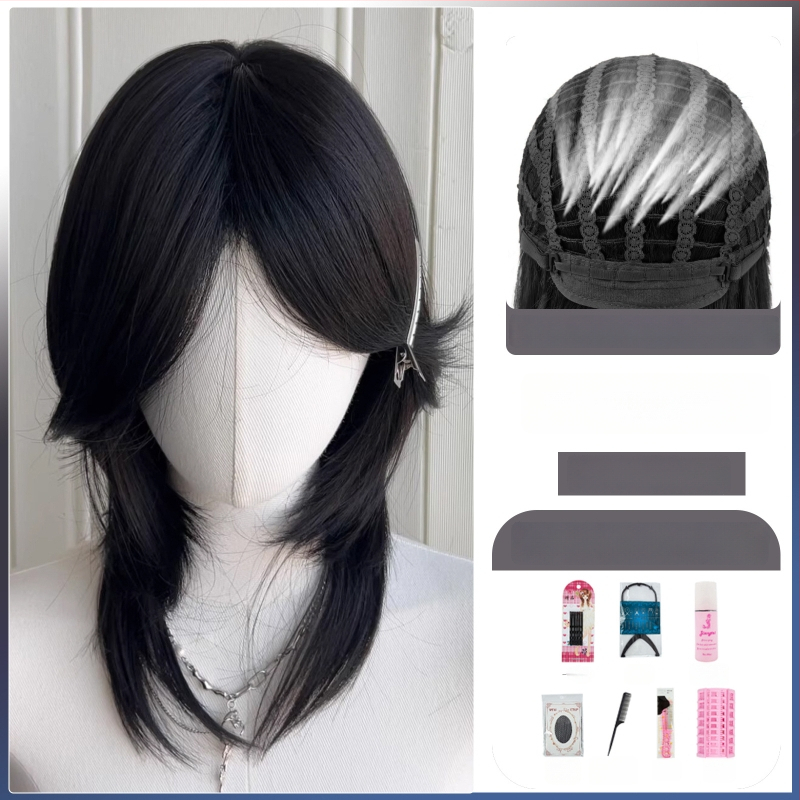 Parūka ar mullet stilu ar vilka asti, universāla, pilna galvas pārklājums, termiski izturīgas sintētiskās šķiedras, gari bangs