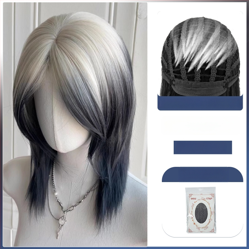 Parūka ar mullet stilu ar vilka asti, universāla, pilna galvas pārklājums, termiski izturīgas sintētiskās šķiedras, gari bangs