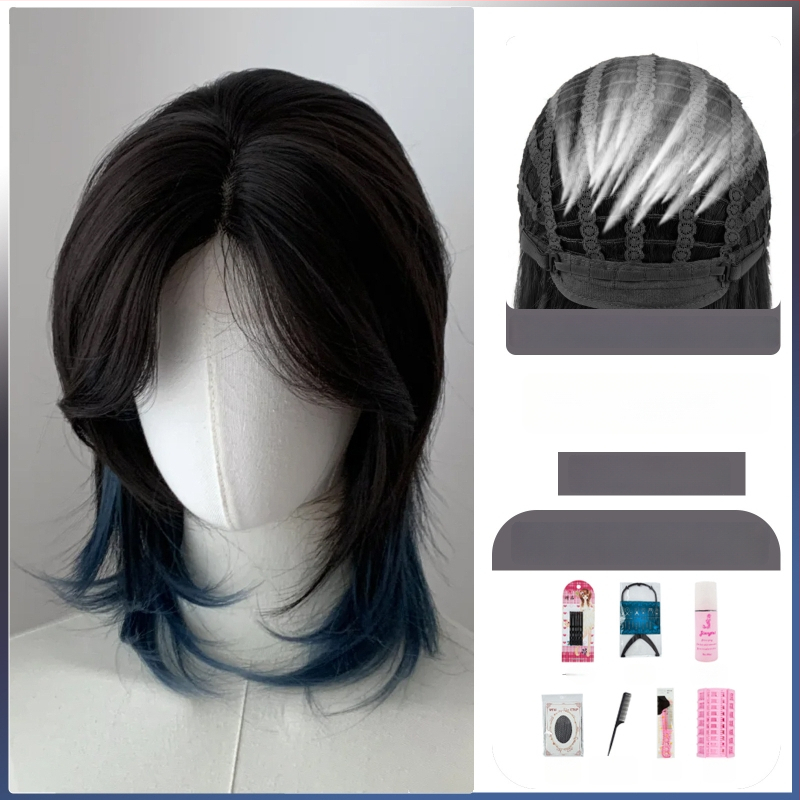 Parūka ar mullet stilu ar vilka asti, universāla, pilna galvas pārklājums, termiski izturīgas sintētiskās šķiedras, gari bangs