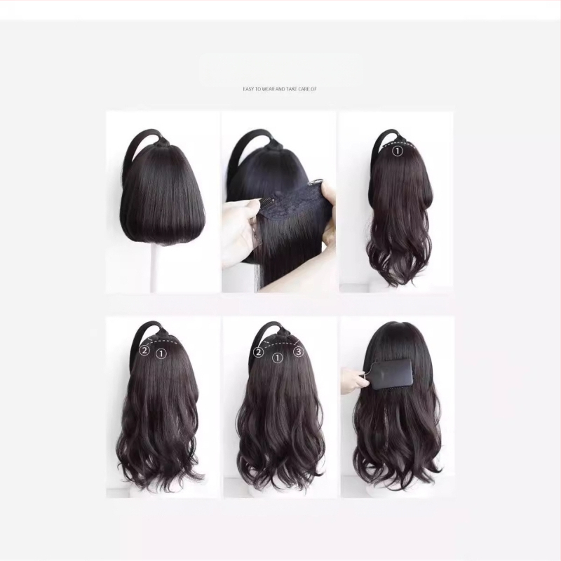 Trijų dalių mikro volų parūka su nematoma viršutine dalimi, ilgos garbanos, apimtis, ilgis 50–60 cm, karščiui atspari sintetinių pluoštų