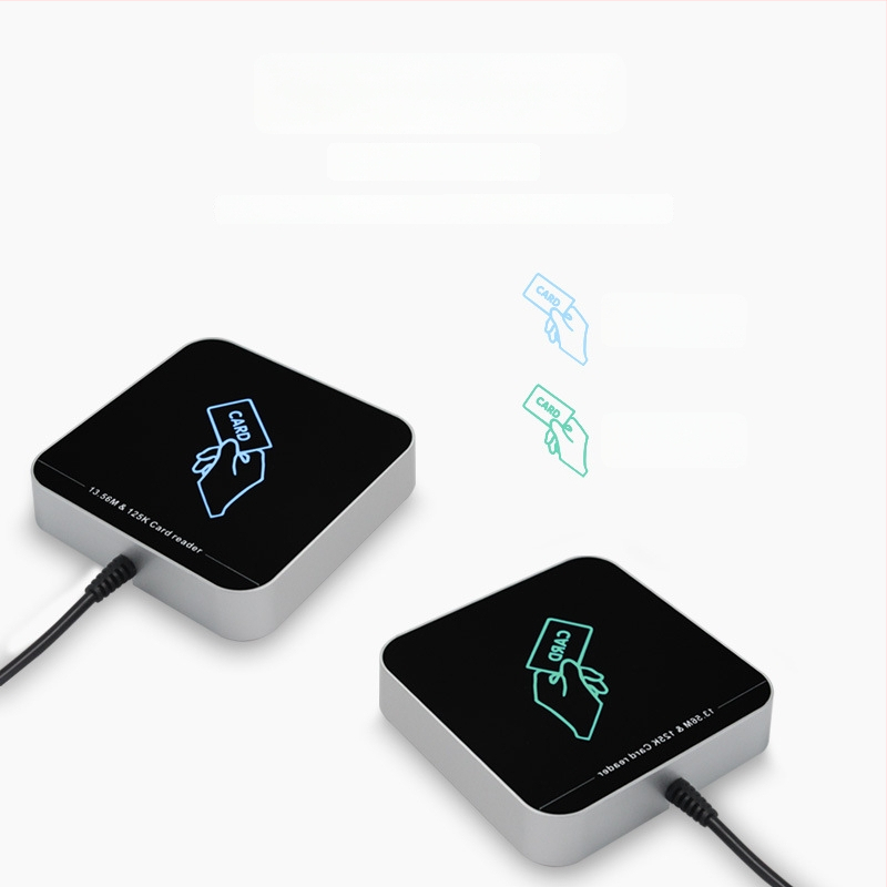 ZY-T304 USB bekontaktis RFID skaitytuvas prieigos kontrolei, dviejų dažnių (125 kHz + 13,56 MHz), ID/IC kortelėms, skaitymo diapazonas 2-5 cm, skaitymo laikas 0,2 s