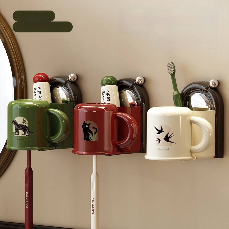 Šepetėlių laikiklis su siurbtuvu, montuojamas prie sienos, plastikinis, skalavimo puodelio laikymas, logotipo spausdinimas įmanomas