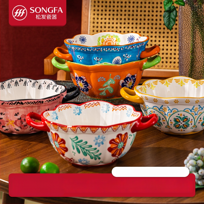 Songfa porcelánová misa s dvomi uškami, pod glazúrou, ručne maľovaný povrch, vhodná do mikrovlnky