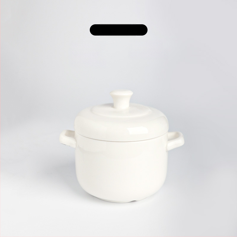 Porcelāna sautējuma trauks ar vāku, dubultiem rokturiem, pielāgojama ar logotipa drukāšanu, zem glazūras apdare, viesnīcu virtuves keramika