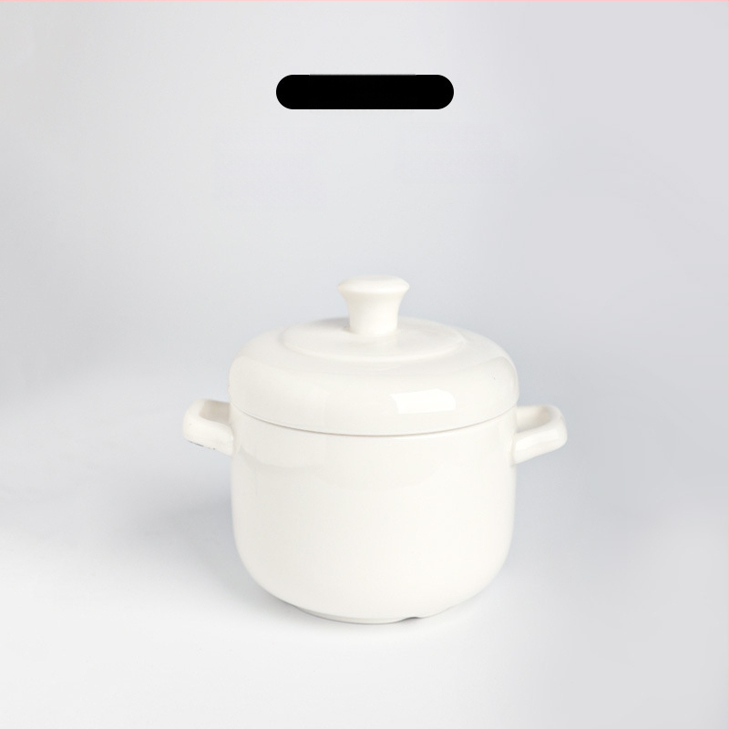 Porcelāna sautējuma trauks ar vāku, dubultiem rokturiem, pielāgojama ar logotipa drukāšanu, zem glazūras apdare, viesnīcu virtuves keramika