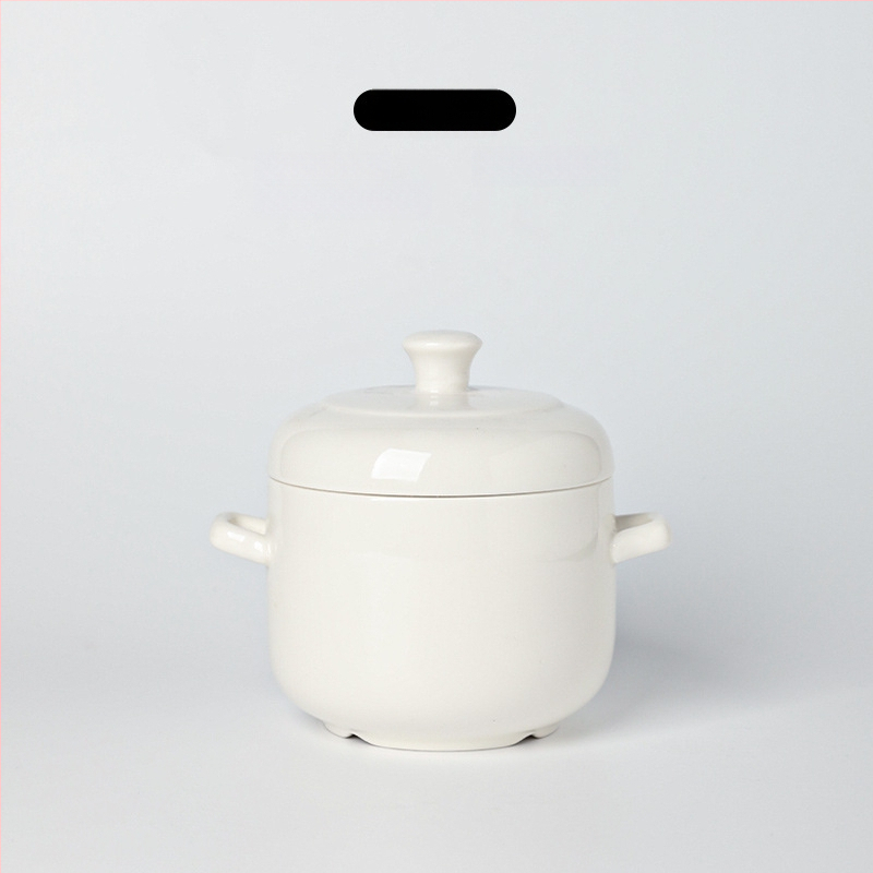 Porcelāna sautējuma trauks ar vāku, dubultiem rokturiem, pielāgojama ar logotipa drukāšanu, zem glazūras apdare, viesnīcu virtuves keramika