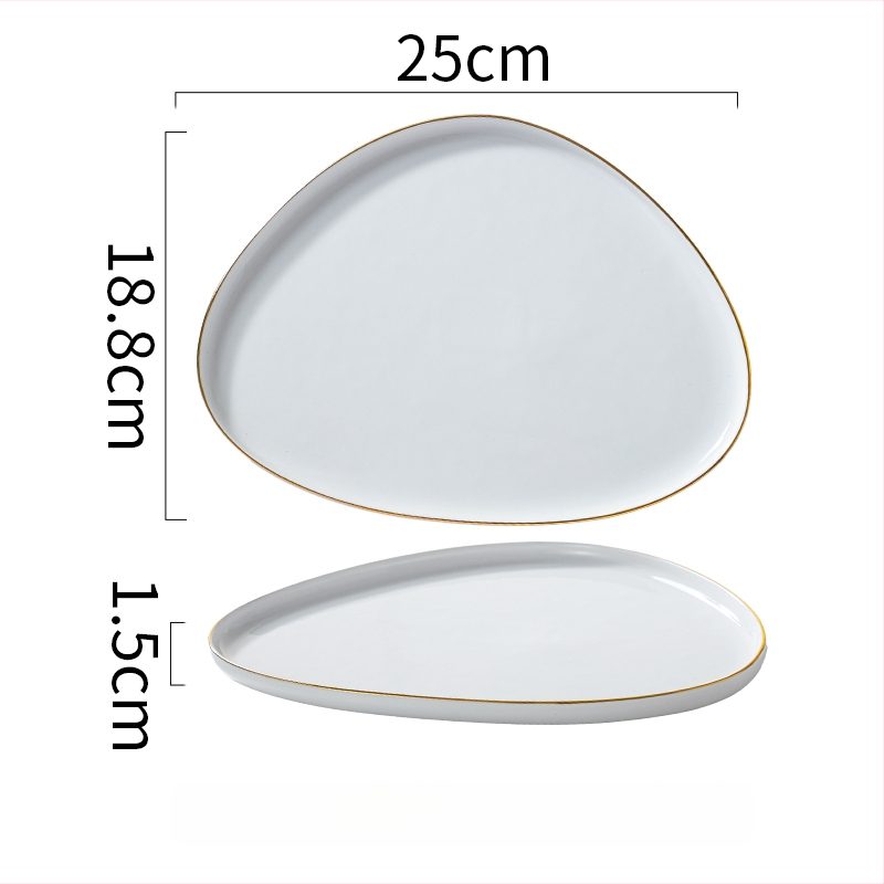 Porcelininė trikampė kepsninės lėkštė, šiaurietiškas stilius, auksinis kraštas, keraminė lėkštė su išskirtine forma