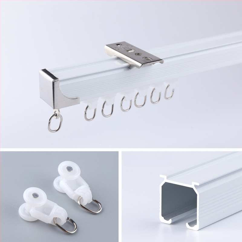 Morant aliuminio užuolaidų bėgis – dvigubas bėgis, viršutinis tvirtinimas, kabliuko tipas, teleskopinis slydimo mechanizmas