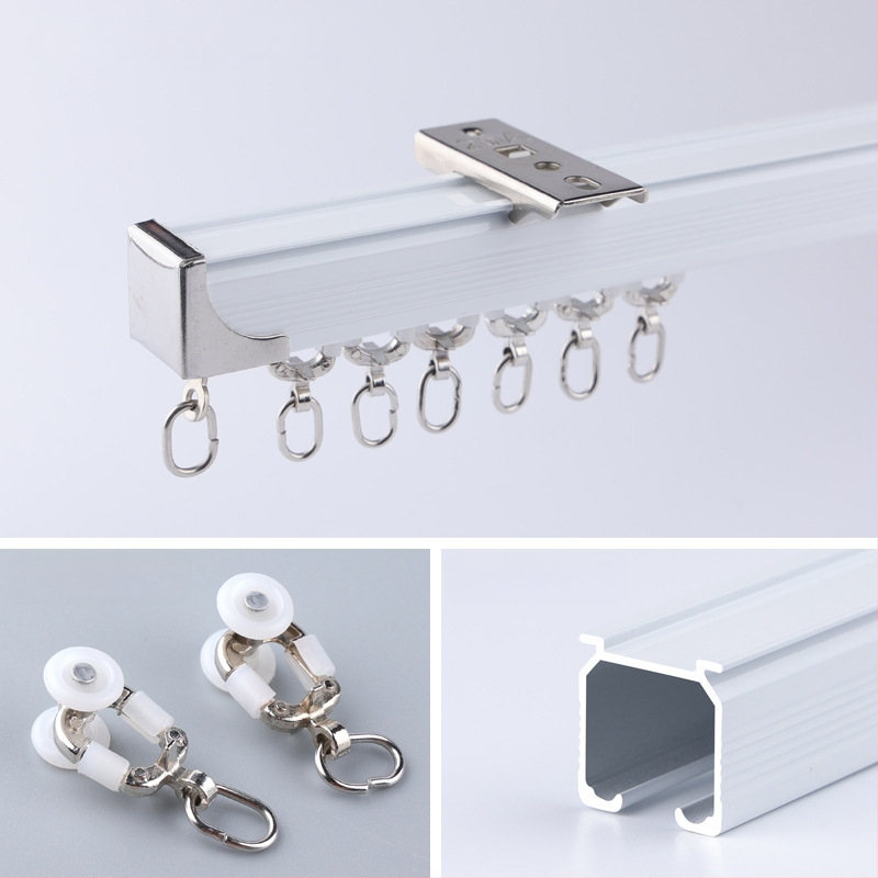 Morant aliuminio užuolaidų bėgis – dvigubas bėgis, viršutinis tvirtinimas, kabliuko tipas, teleskopinis slydimo mechanizmas