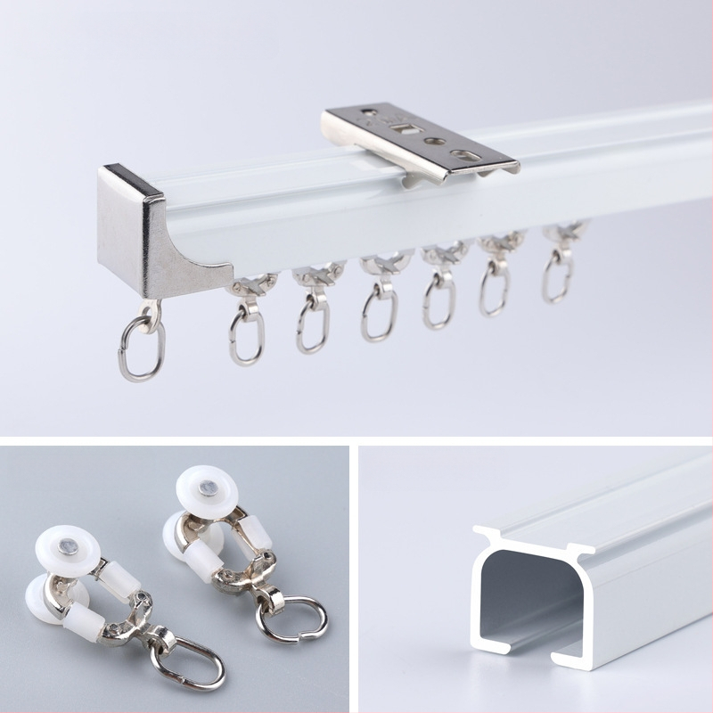 Morant aliuminio užuolaidų bėgis – dvigubas bėgis, viršutinis tvirtinimas, kabliuko tipas, teleskopinis slydimo mechanizmas