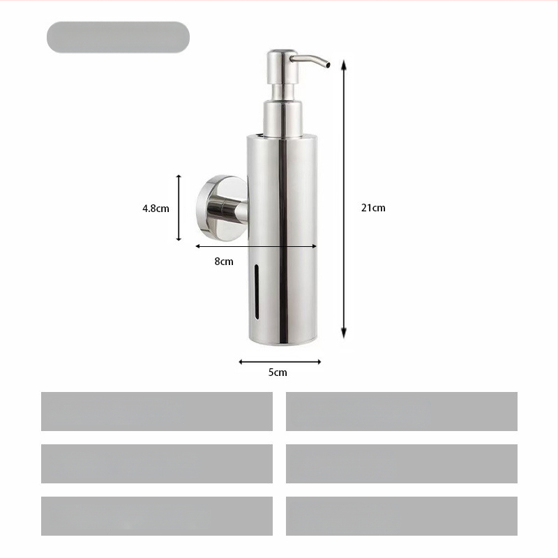 Nerūdijančio plieno muilo dozatorius, sieninis tvirtinimas, rankinis spaudimas, poliruotas paviršius, šiuolaikiškas minimalistinis stilius