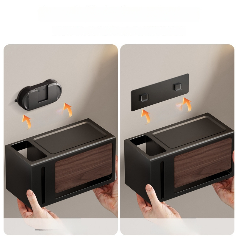 Be gręžimo sieninis popieriaus laikiklis su dangčiu, walnuto medžio tekstūra, atsparus vandeniui, kvadratinio dydžio, medžiaga: anglies plienas + ABS