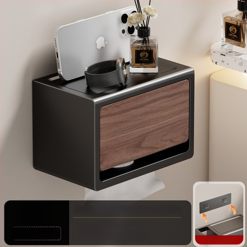 Be gręžimo sieninis popieriaus laikiklis su dangčiu, walnuto medžio tekstūra, atsparus vandeniui, kvadratinio dydžio, medžiaga: anglies plienas + ABS