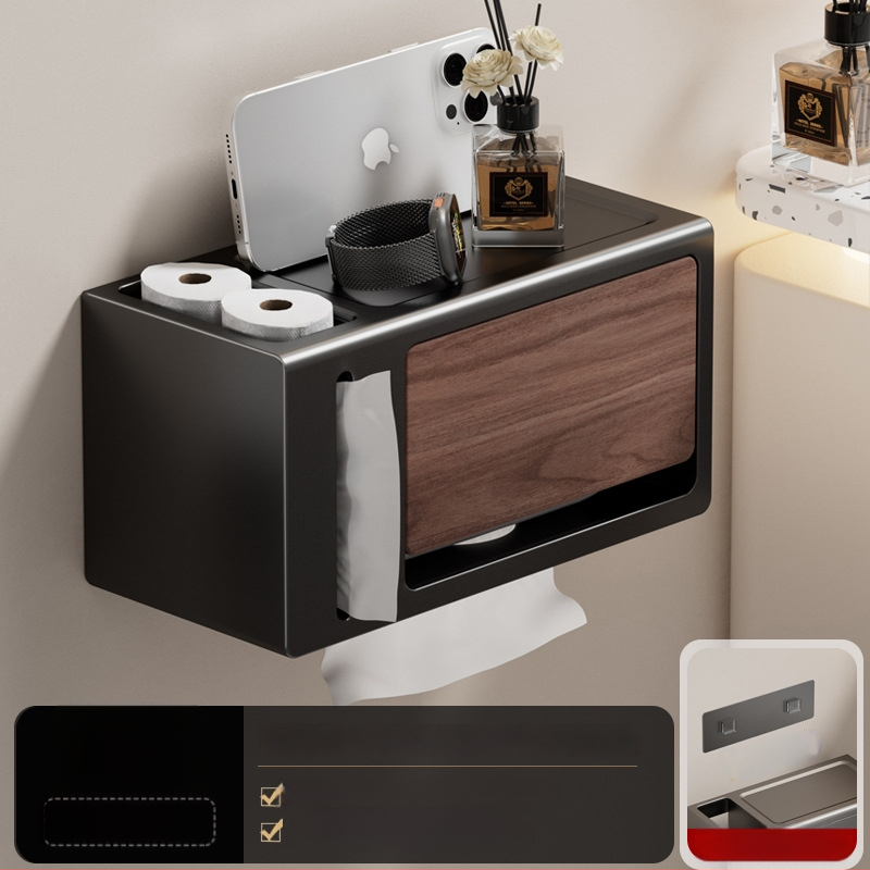 Be gręžimo sieninis popieriaus laikiklis su dangčiu, walnuto medžio tekstūra, atsparus vandeniui, kvadratinio dydžio, medžiaga: anglies plienas + ABS