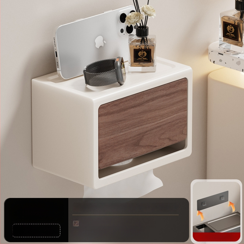 Be gręžimo sieninis popieriaus laikiklis su dangčiu, walnuto medžio tekstūra, atsparus vandeniui, kvadratinio dydžio, medžiaga: anglies plienas + ABS