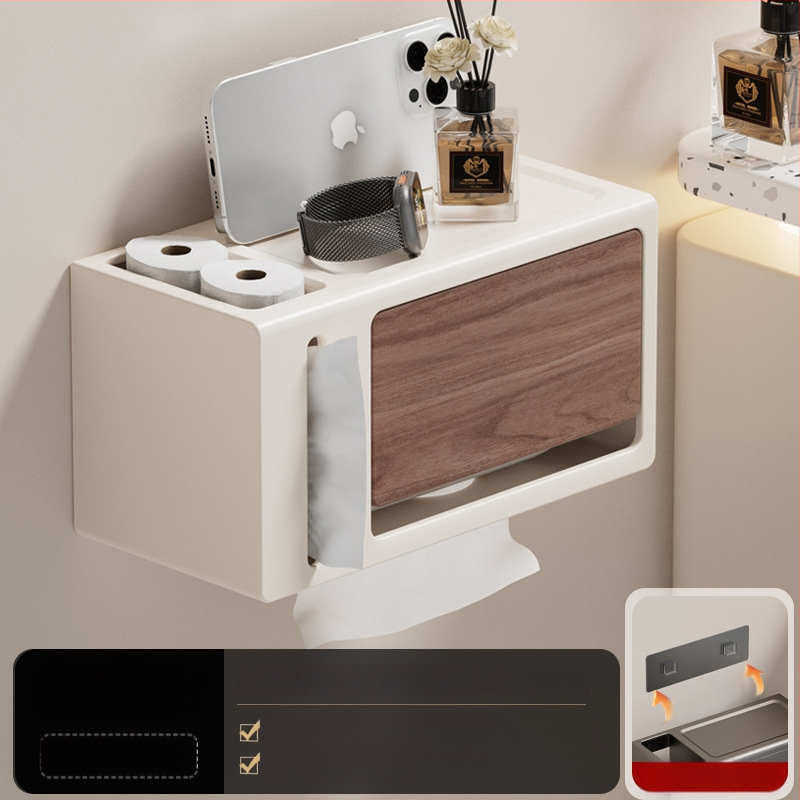 Be gręžimo sieninis popieriaus laikiklis su dangčiu, walnuto medžio tekstūra, atsparus vandeniui, kvadratinio dydžio, medžiaga: anglies plienas + ABS