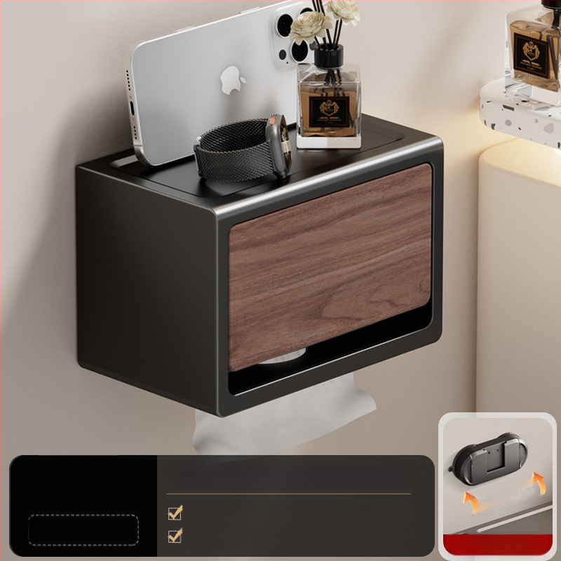 Be gręžimo sieninis popieriaus laikiklis su dangčiu, walnuto medžio tekstūra, atsparus vandeniui, kvadratinio dydžio, medžiaga: anglies plienas + ABS