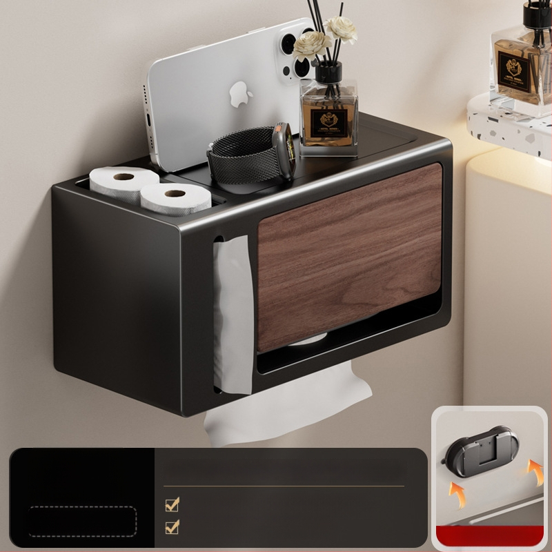 Be gręžimo sieninis popieriaus laikiklis su dangčiu, walnuto medžio tekstūra, atsparus vandeniui, kvadratinio dydžio, medžiaga: anglies plienas + ABS