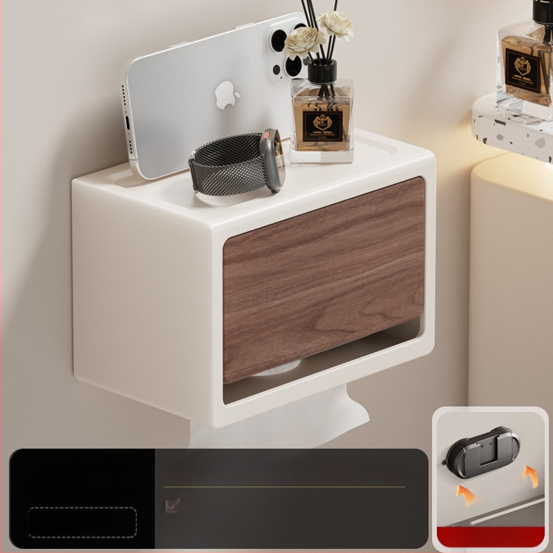 Be gręžimo sieninis popieriaus laikiklis su dangčiu, walnuto medžio tekstūra, atsparus vandeniui, kvadratinio dydžio, medžiaga: anglies plienas + ABS