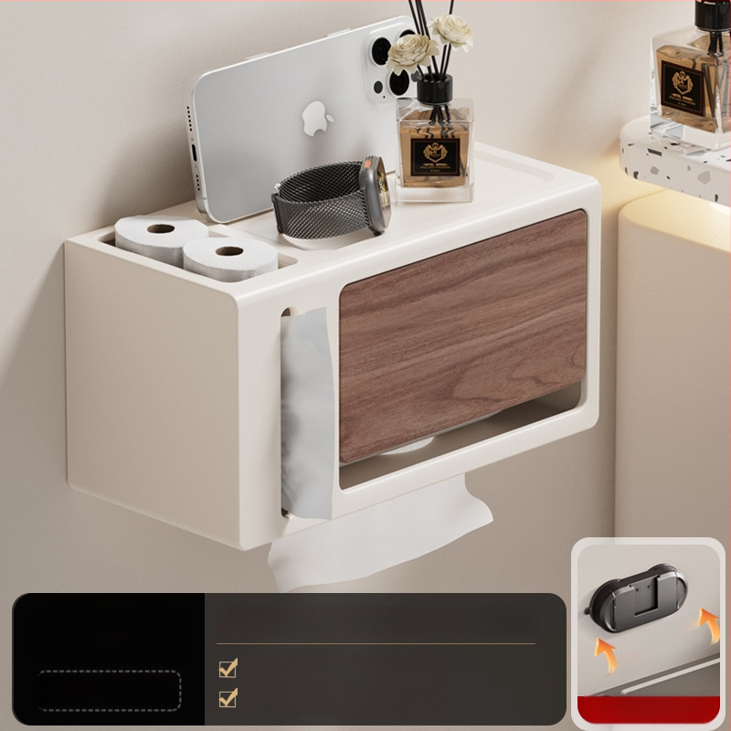 Be gręžimo sieninis popieriaus laikiklis su dangčiu, walnuto medžio tekstūra, atsparus vandeniui, kvadratinio dydžio, medžiaga: anglies plienas + ABS