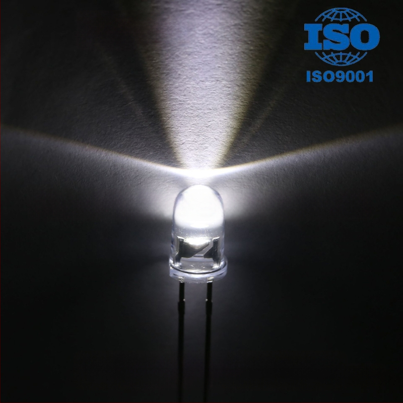 F5 įstatomas LED indikatorius, aukšto ryškumo LED, apvalios galvutės, 2.8–3.0 V, 20 mA, 0.06 W, šviesos sklaidos kampas 15–20°, šviesos efektyvumas 90