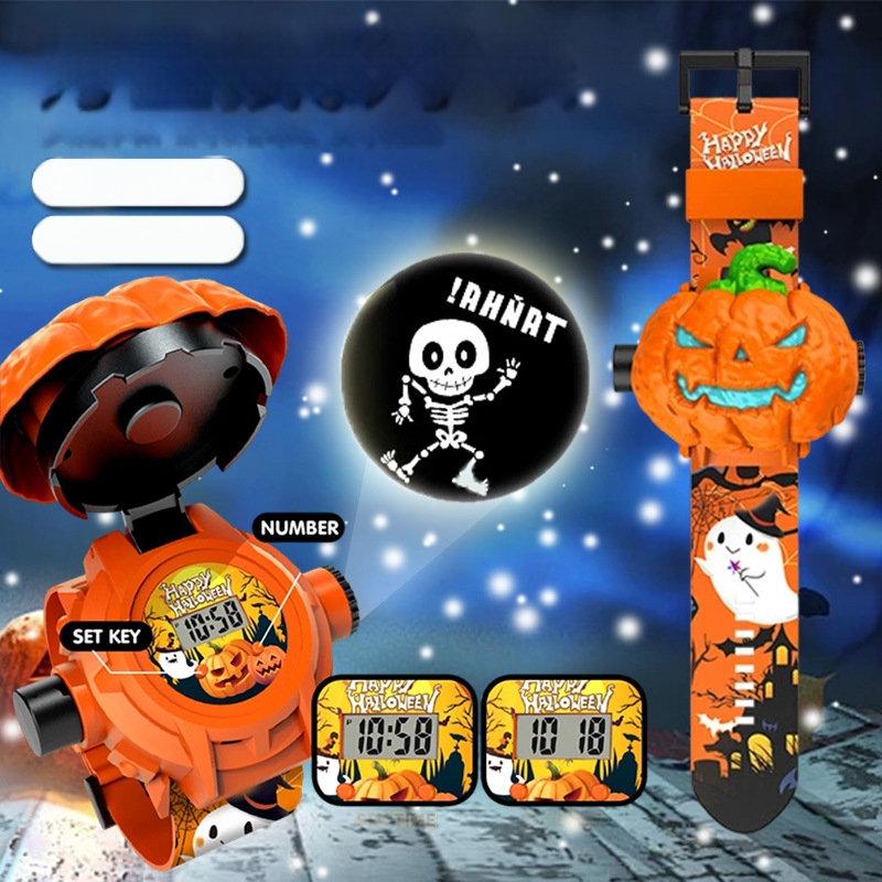 LED gaismas bērnu pulksteņa rotaļlieta ar projekciju, Helovīna ķirbja motīvs, laika rādīšana, 4–6 gadi, plastmasa