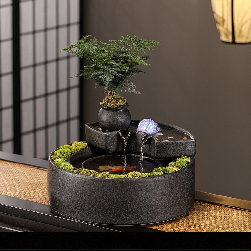 Keraminis stalinis fontanas su tekančiu vandeniu – mini kraštovaizdis, glazūruotas, dažytas, naujo Kinų stiliaus (Medžiaga: keramika; Paviršius: glazūruotas; Dažymas: dažytas; Stilius: Naujo Kinų stilius)