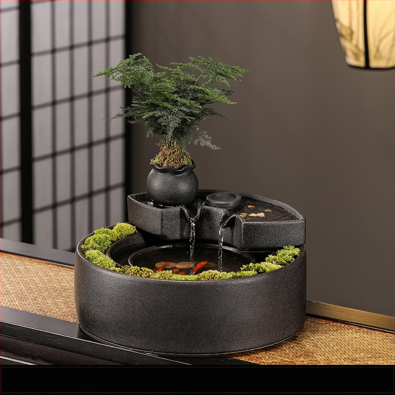 Keraminis stalinis fontanas su tekančiu vandeniu – mini kraštovaizdis, glazūruotas, dažytas, naujo Kinų stiliaus (Medžiaga: keramika; Paviršius: glazūruotas; Dažymas: dažytas; Stilius: Naujo Kinų stilius)